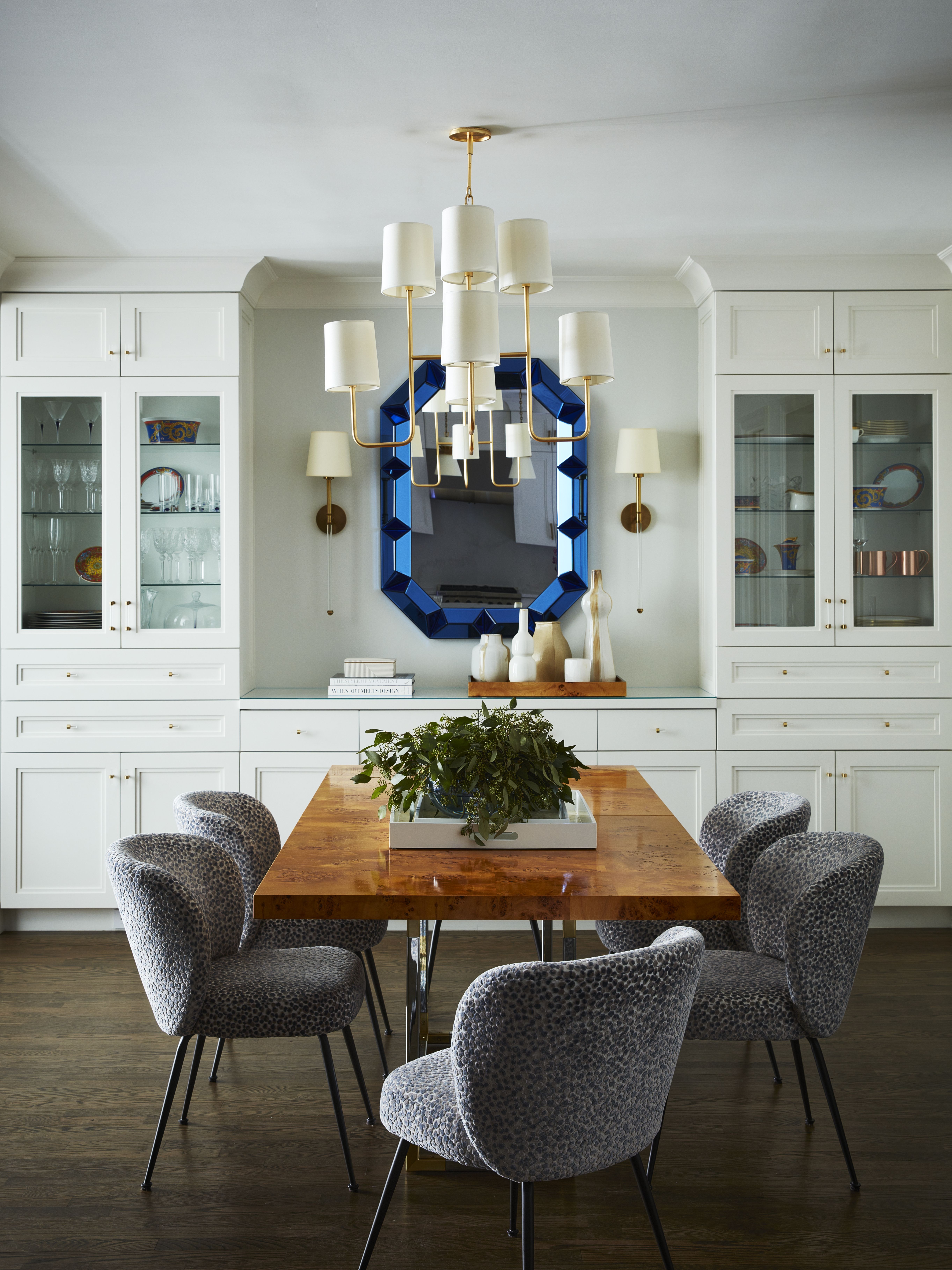 Dining Room Set with Blue Faceted Mirror and Burl Wood