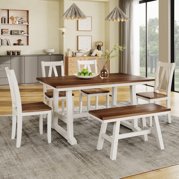 Dining Set 6-Piece White Walnut Trestle Table Bench