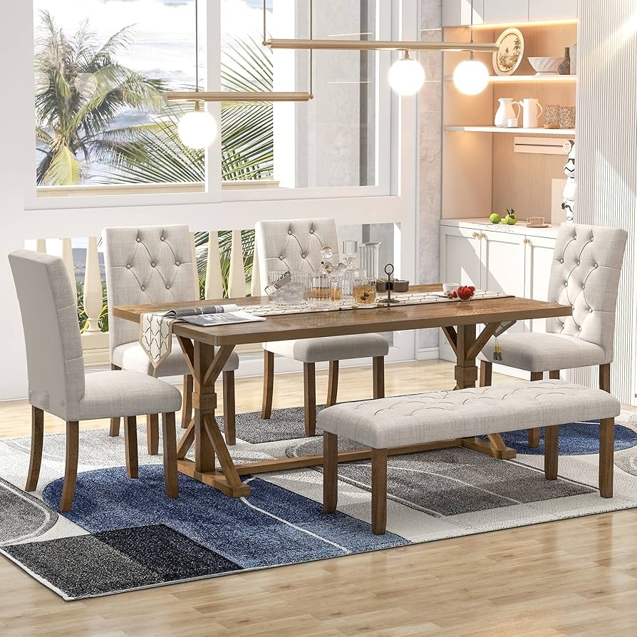 Dining Set Button Tufting Warm Wood Trestle 6-Piece