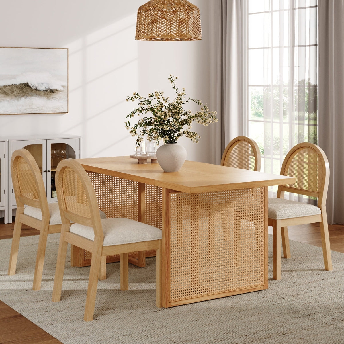 Dining Set Cane Webbing Panels Organic Modern Dining Set