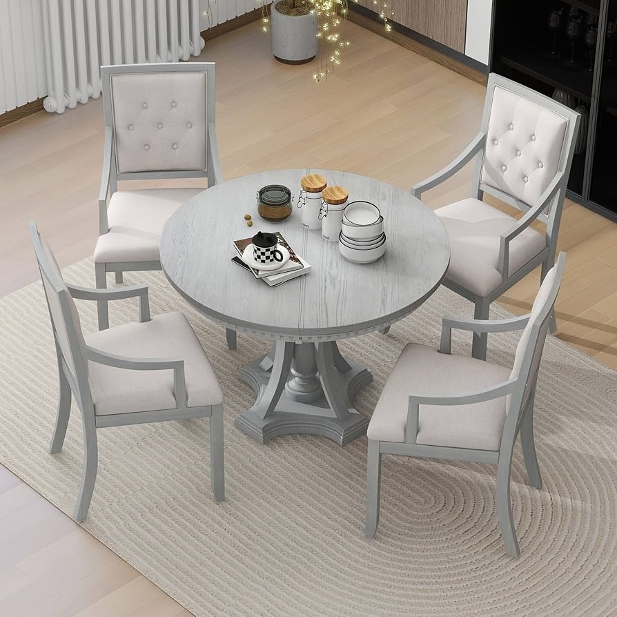 Dining Set Featuring Antique Gray Button Tufted Back Chairs