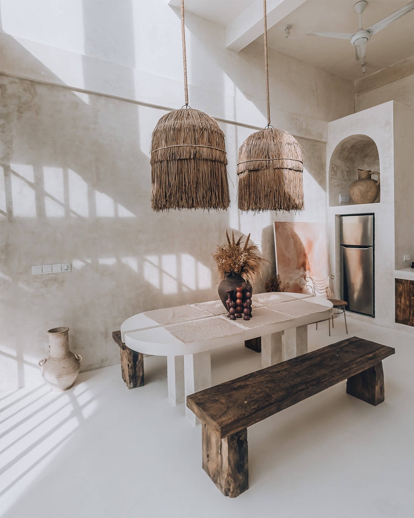 Dining Set Featuring Fringed Grass Pendants and Plaster