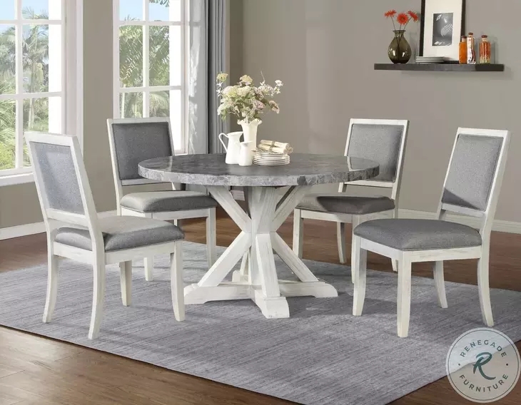 Dining Set featuring Gray Marble Top and Whitewashed X-Base