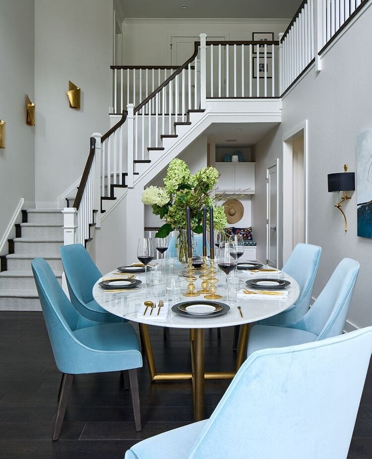 Dining Set featuring sky blue velvet and blue velvet dining chairs