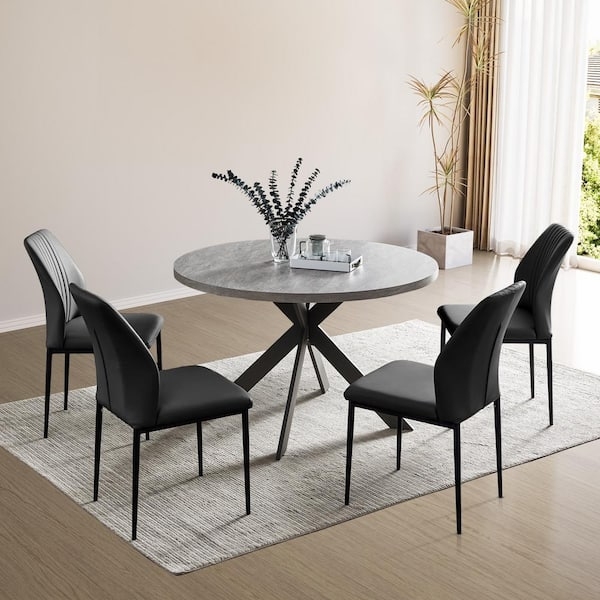 Dining Set in Slate Gray Stone Like Top with Channel Stitching