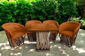 Dining Set: Orange Leather Garden Chairs Criss Cross Base