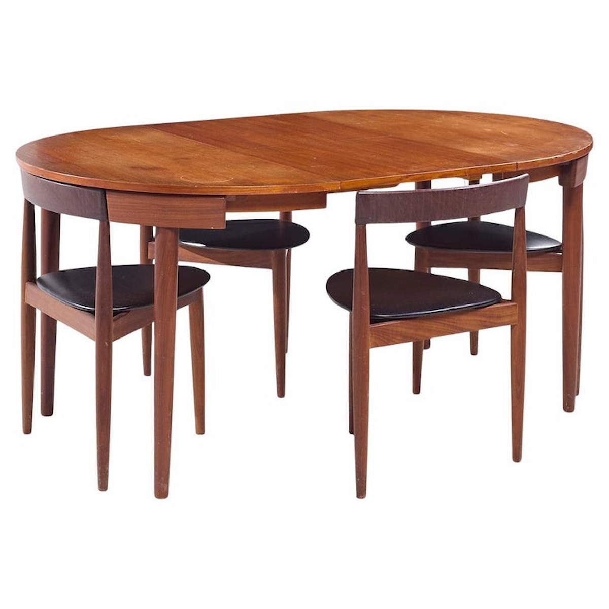 Dining Set: Warm Teak Expanding Table with Tripod Chairs