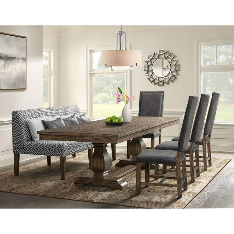 Dining Set Weathered Brown Double Pedestal Geometric Settee