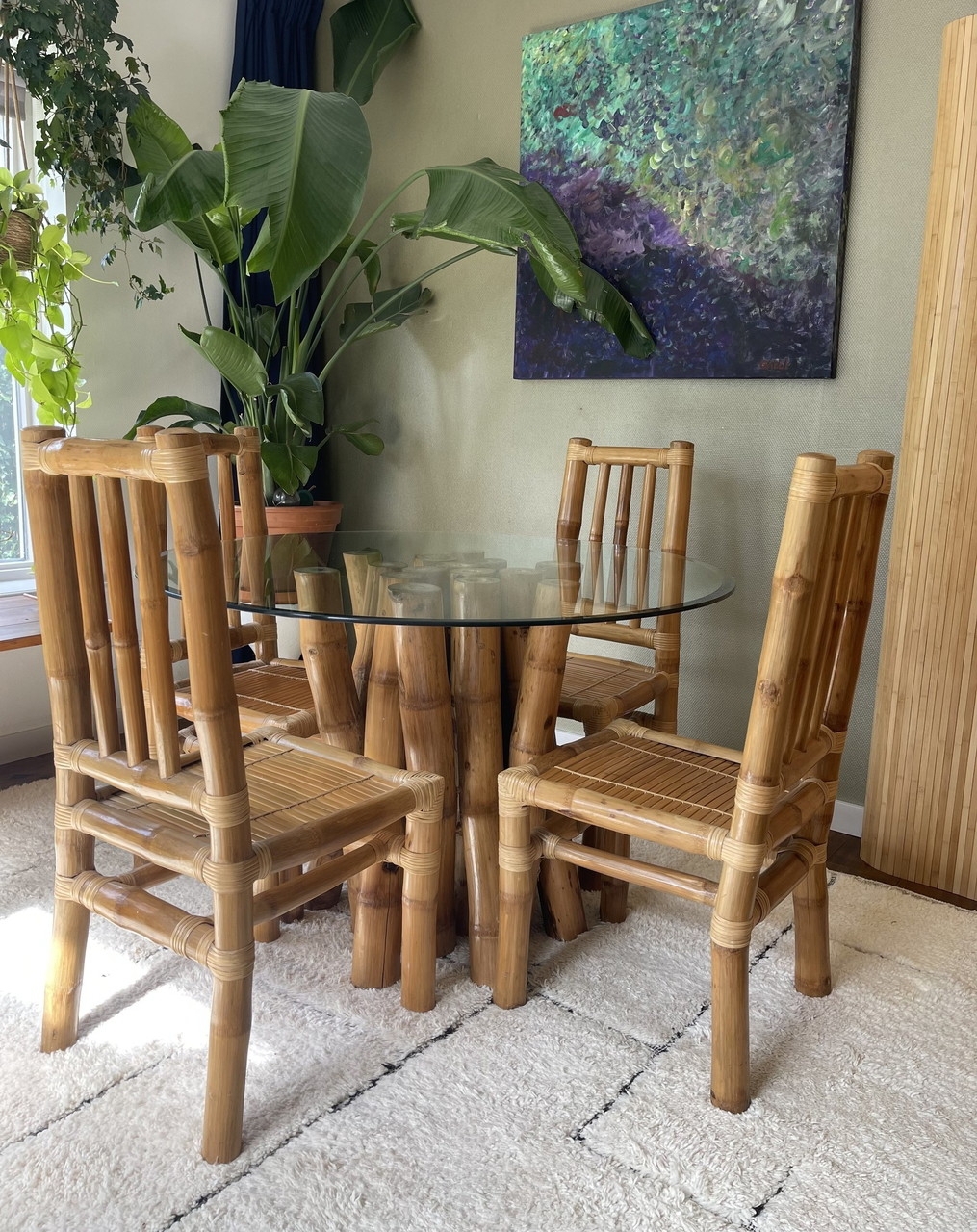 Dining Set with Bamboo Bundle Base Boho Glass Top Table