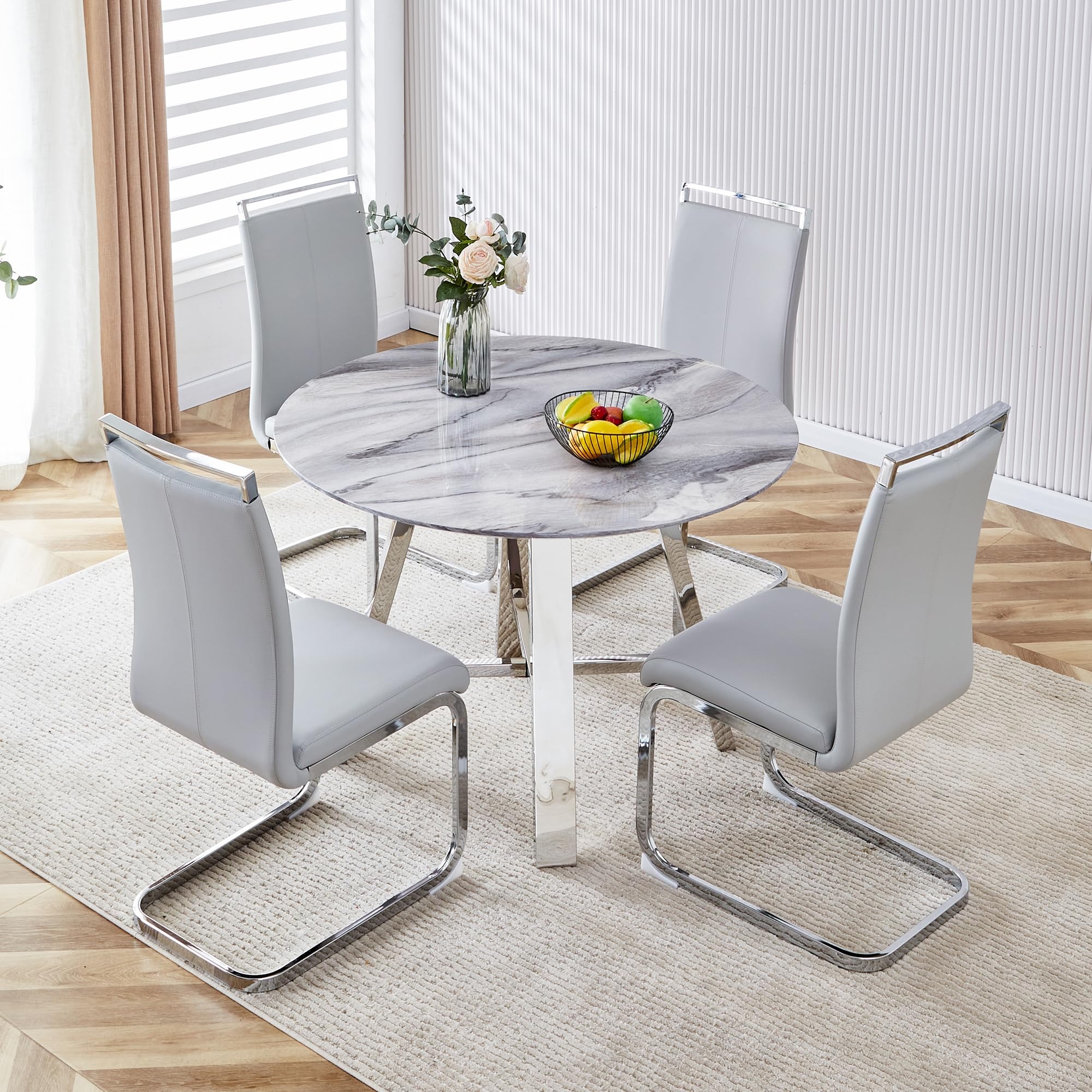 Dining Set with Cantilevered Chairs and Marble Pattern Top