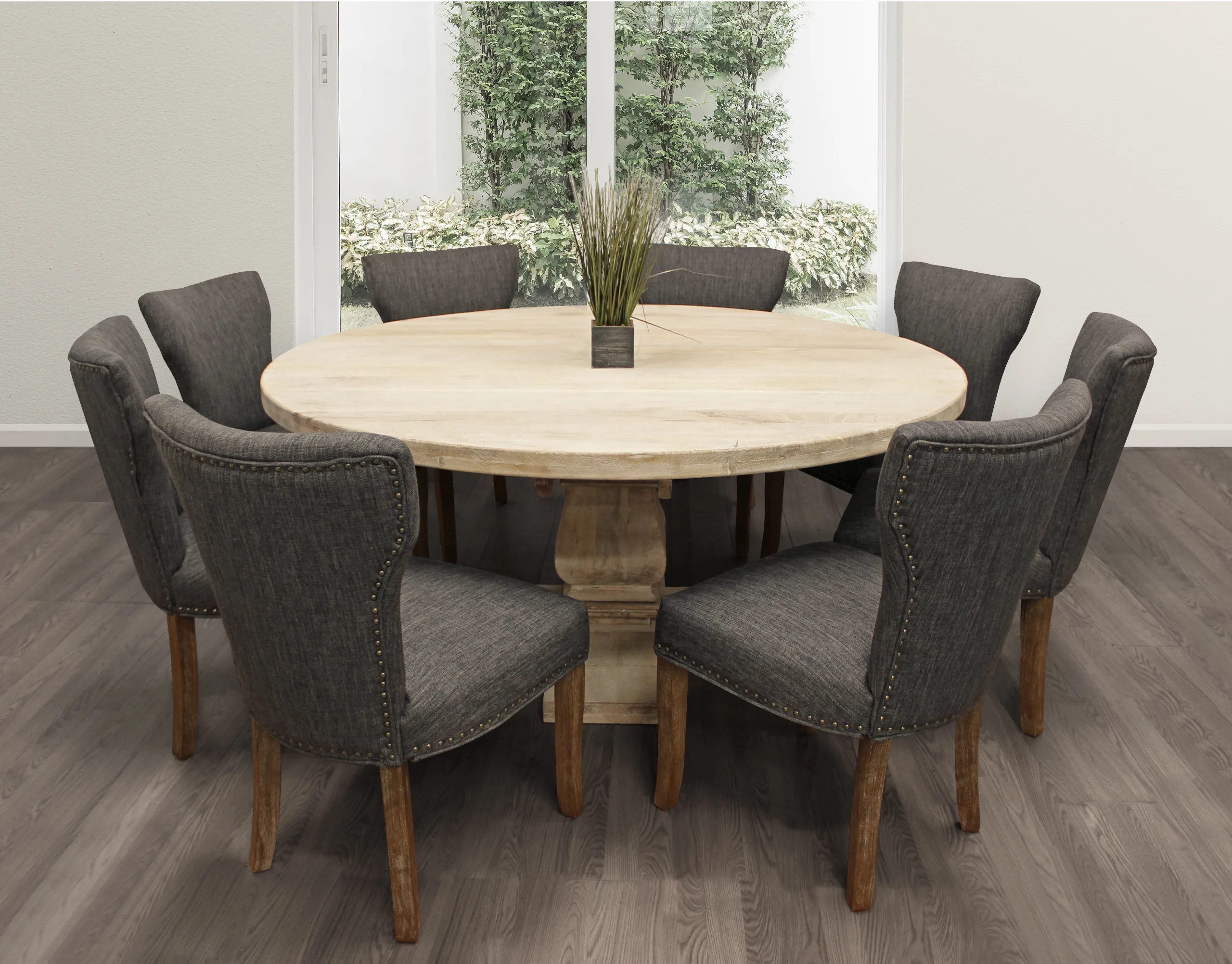 Dining Set with Dark Gray Linen Chairs and Metallic Nailhead Trim