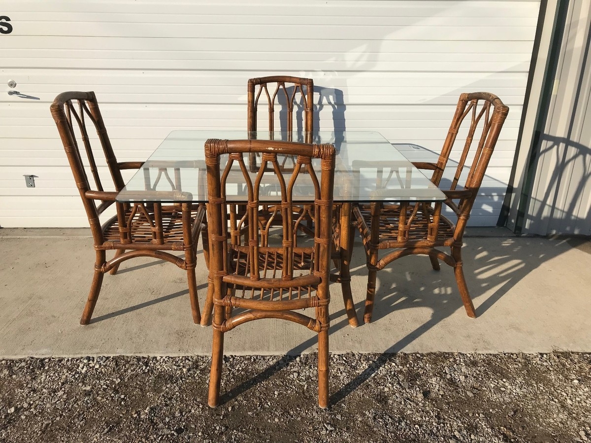 Dining Set with Gothic Arch Back Glass Top Rattan Table