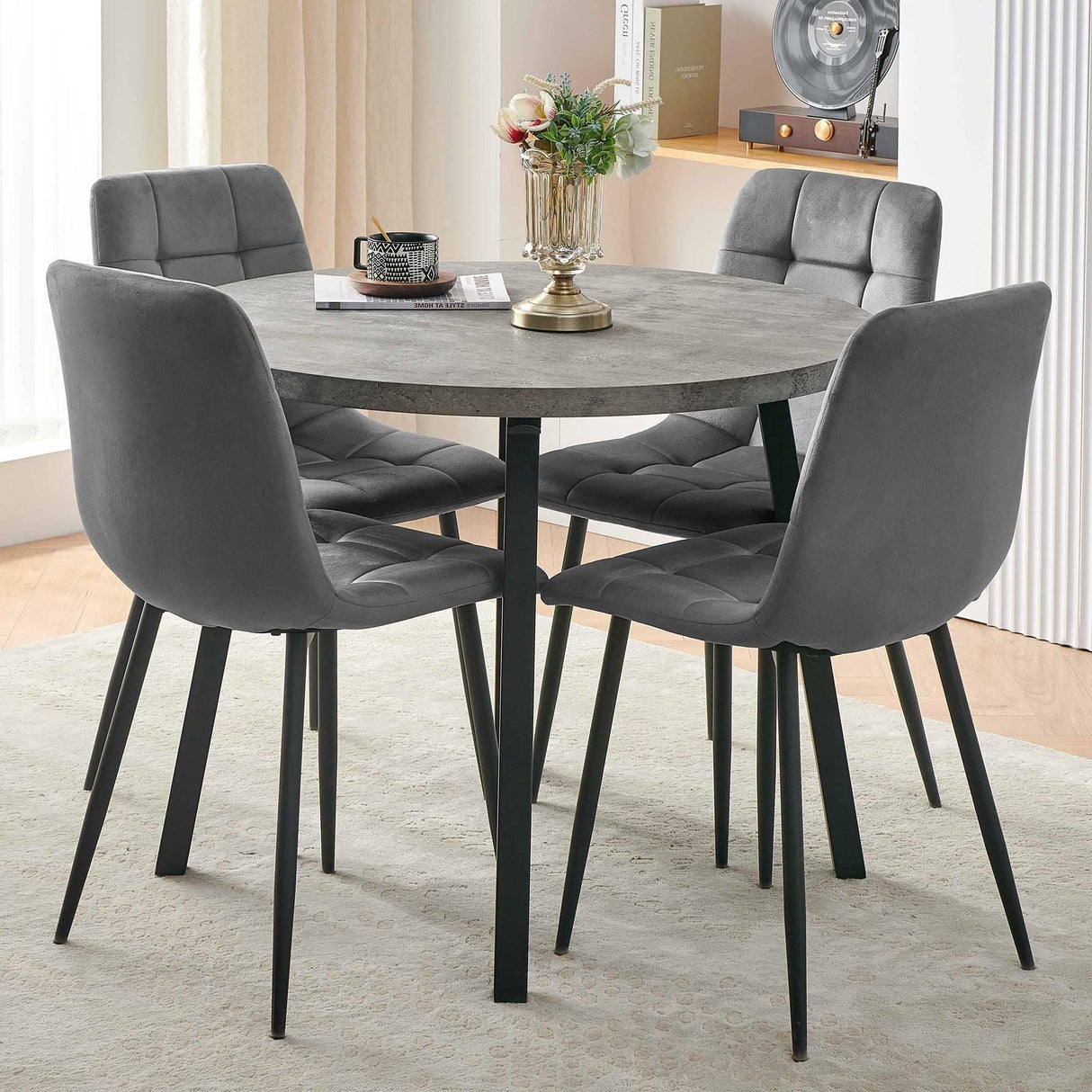 Dining Set with Grid Stitching and Concrete Look Top