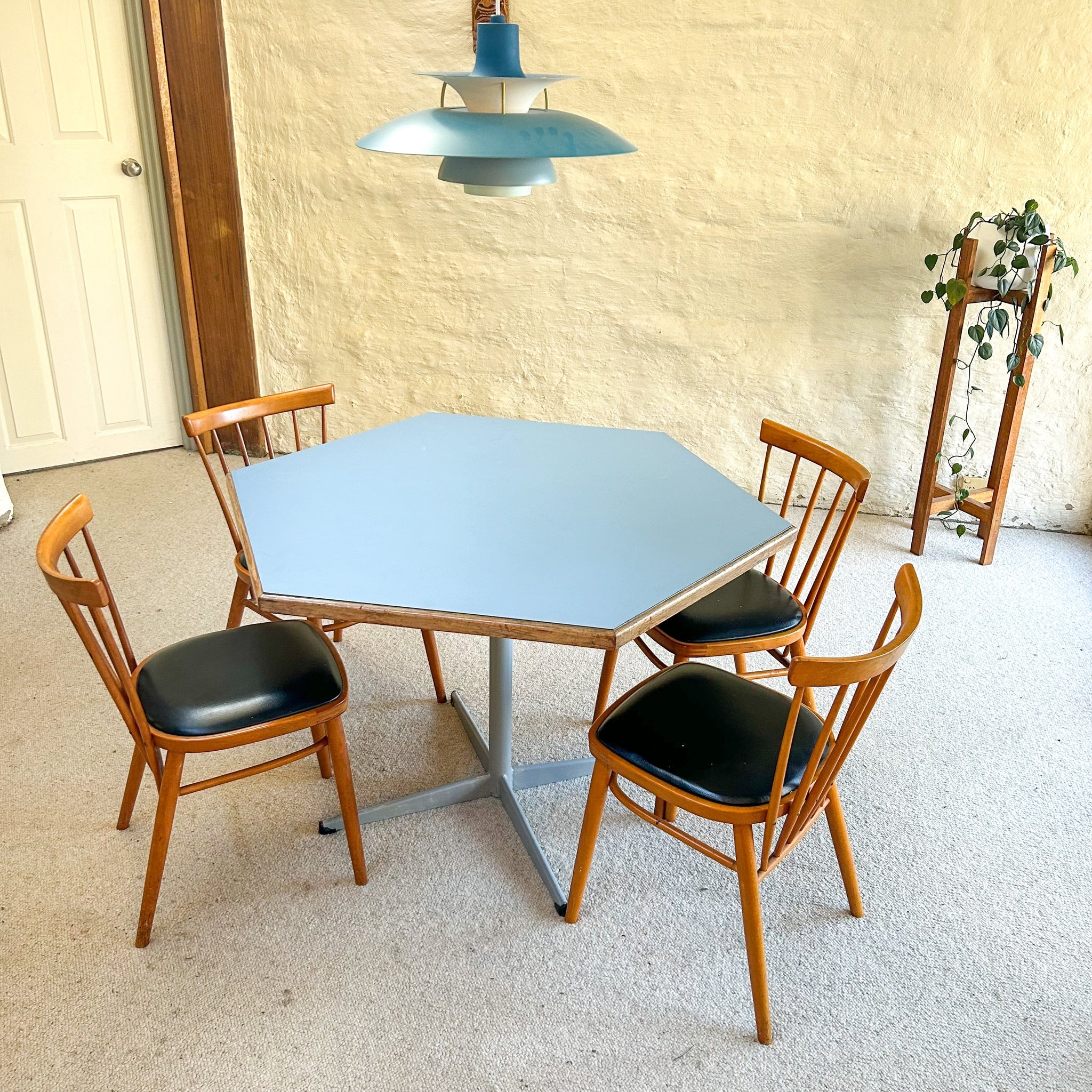 Dining Set with Hexagonal Blue Top and Spindle Backs