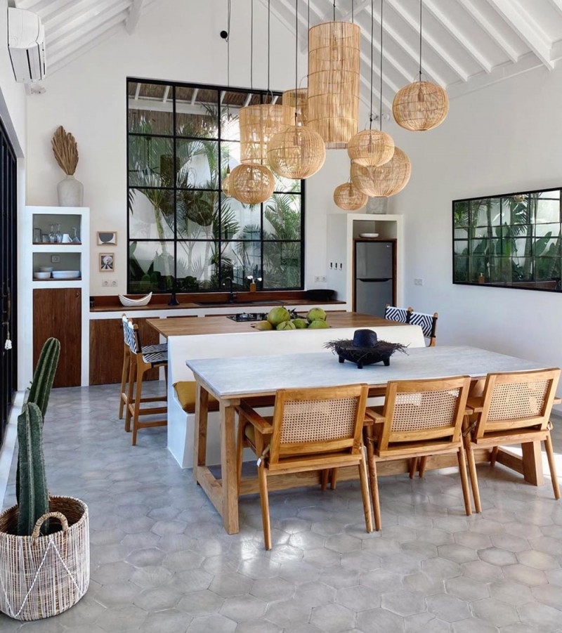 Dining Set with Hexagonal Grey Floor Tile Inspiration