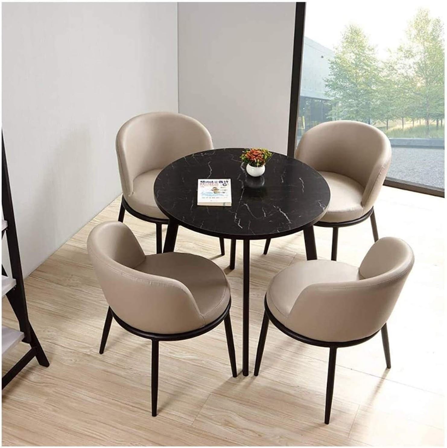 Dining Set with Marble Pattern Top and Curved Barrel Meeting Table