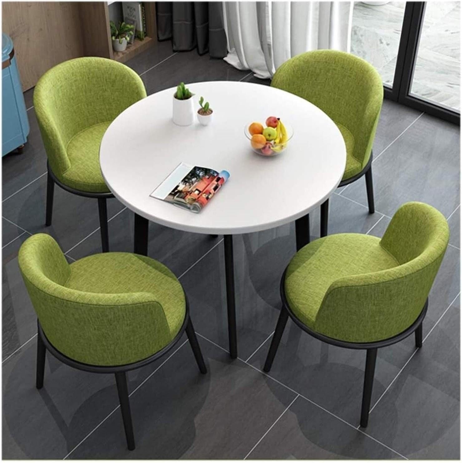 Dining Set with Moss Green Boucle and Round White Coffee Table Set