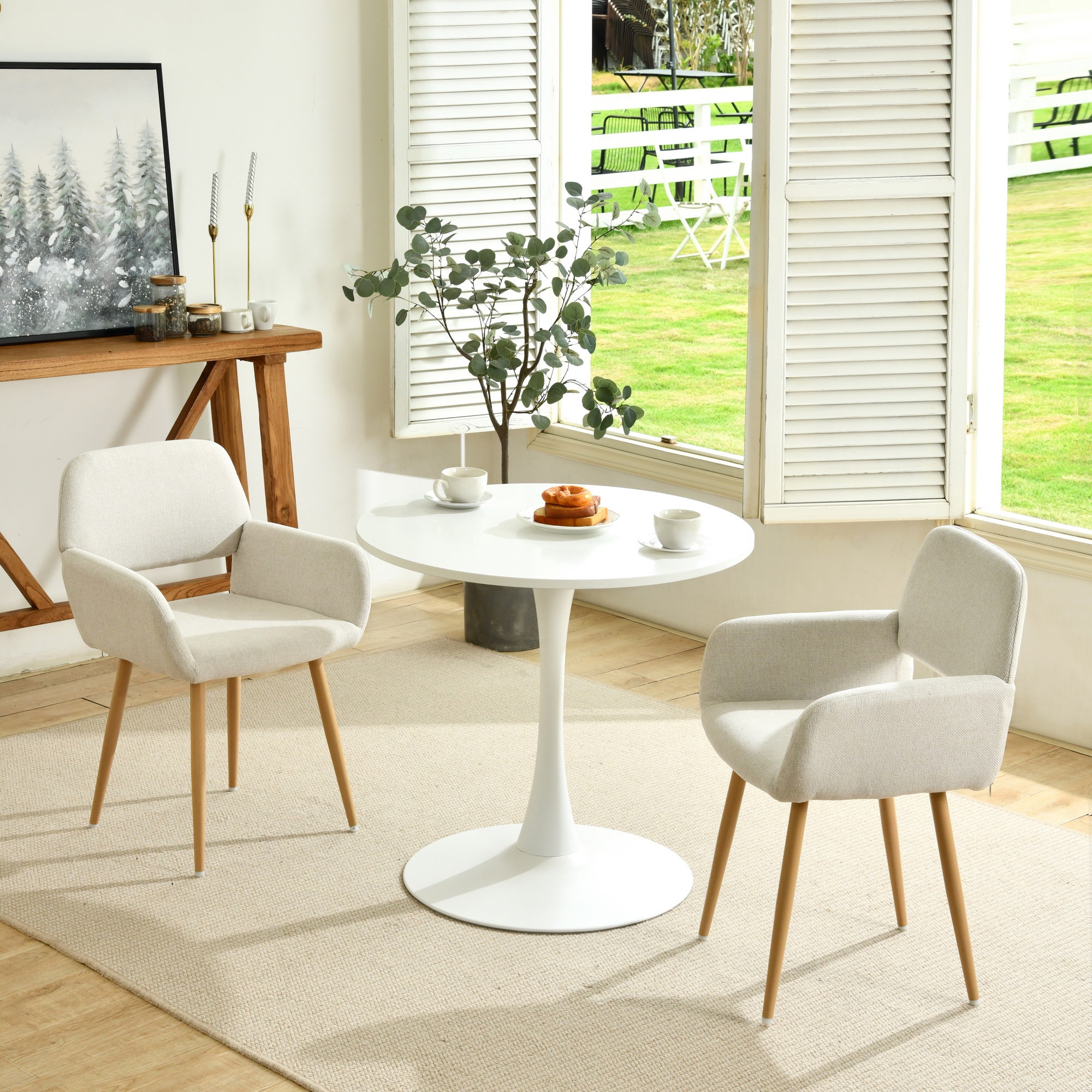 Dining Set with Pedestal Base and Oatmeal Mid-Century Armchairs