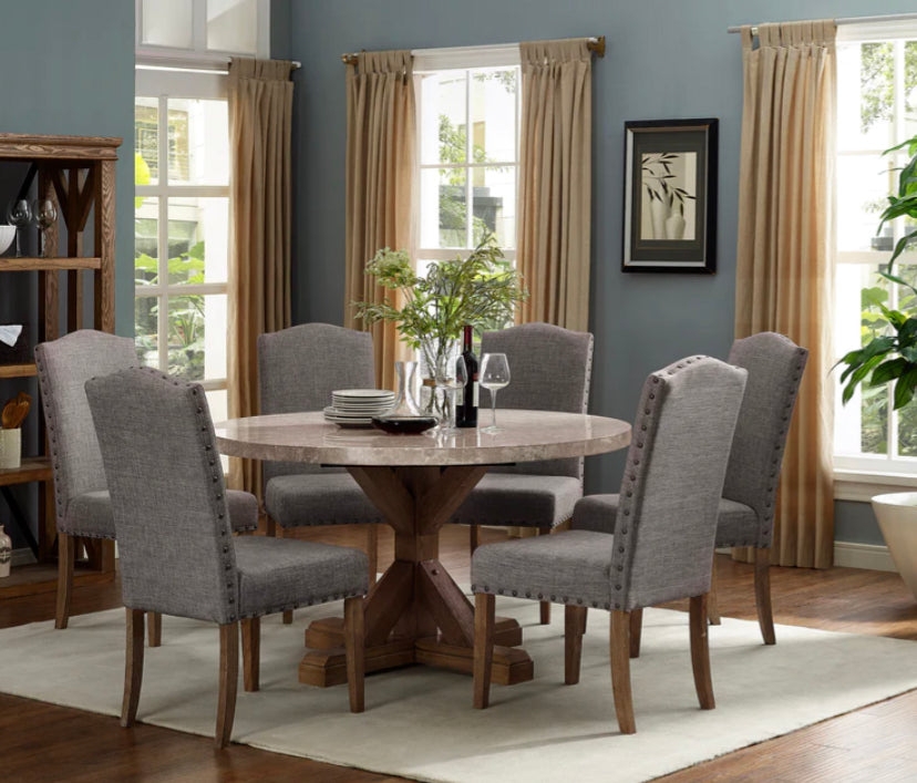 Dining Set with Round Marble Top and Nailhead Trim