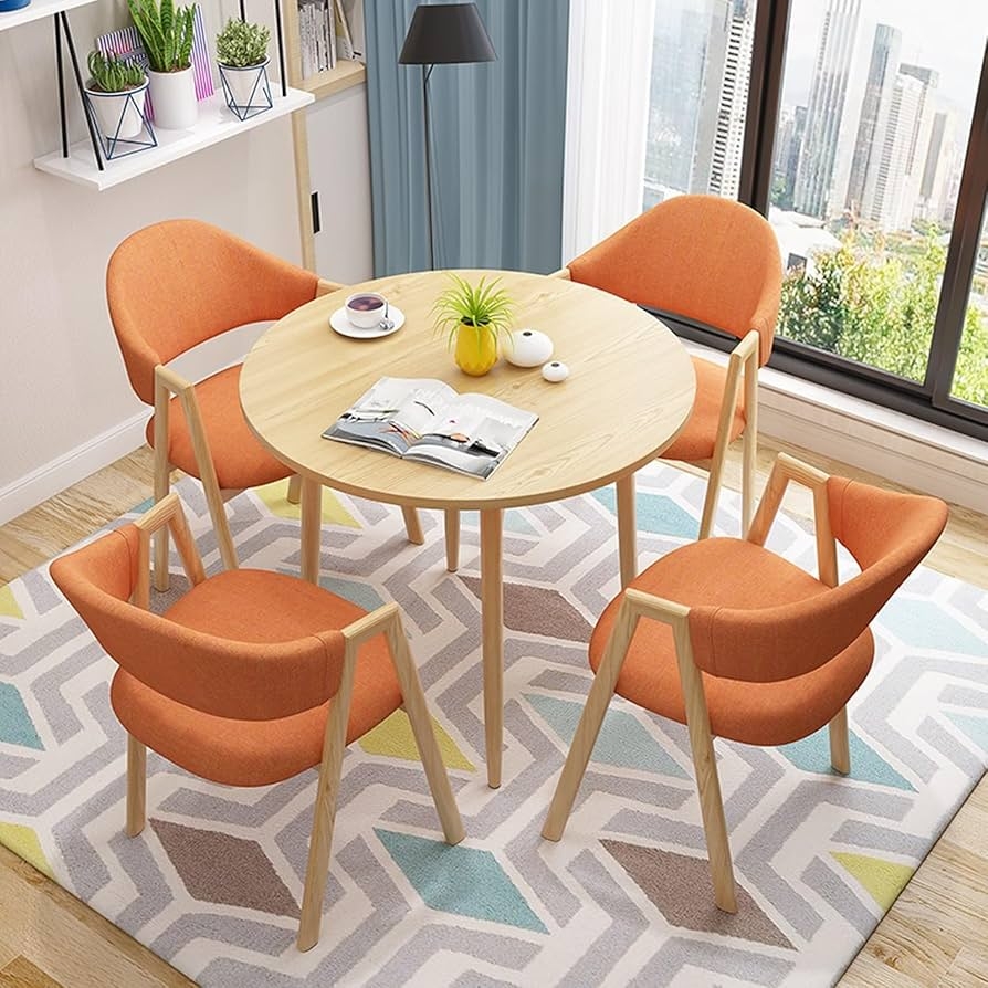 Dining Set with Sculptural Wooden Frame and Burnt Orange Fabric