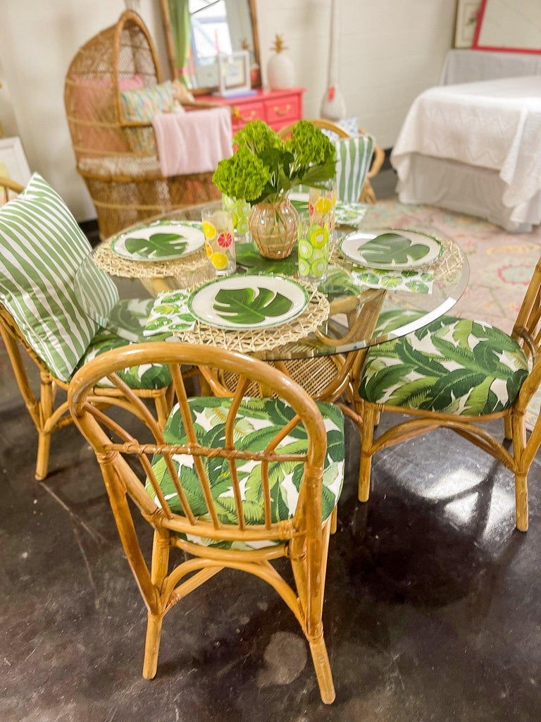 Dining Set with Tropical Leaf Upholstery Vintage Bamboo Dining Set