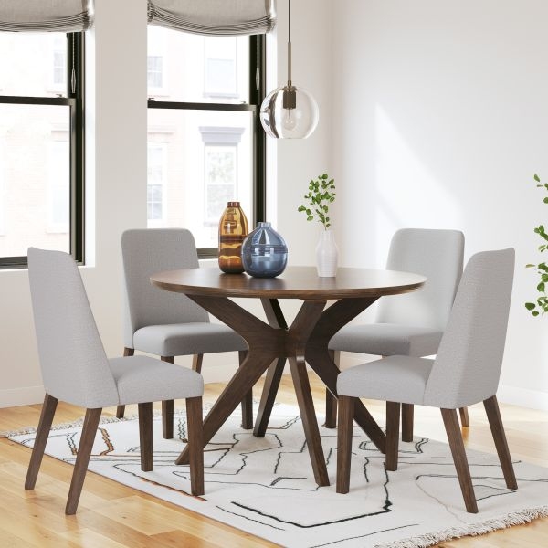 Dining Set with Walnut Brown Interlocking Base and Grey Chairs