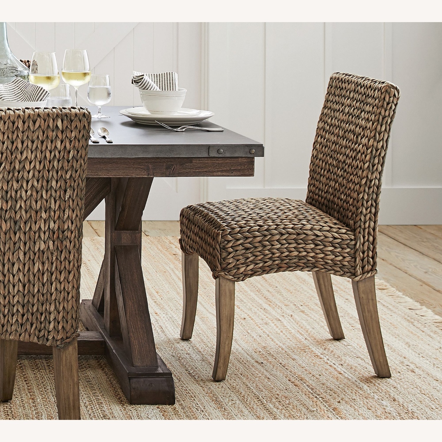 Dining Side Chair Gray Wash Legs Seagrass Woven