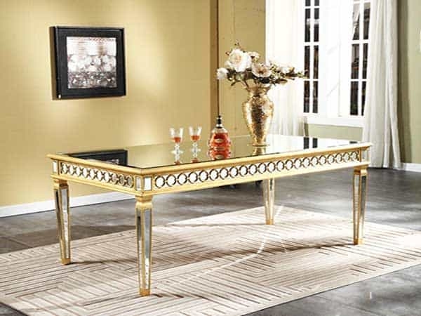 Dining Table Gold Mirrored with Ornate Circular Apron Detail