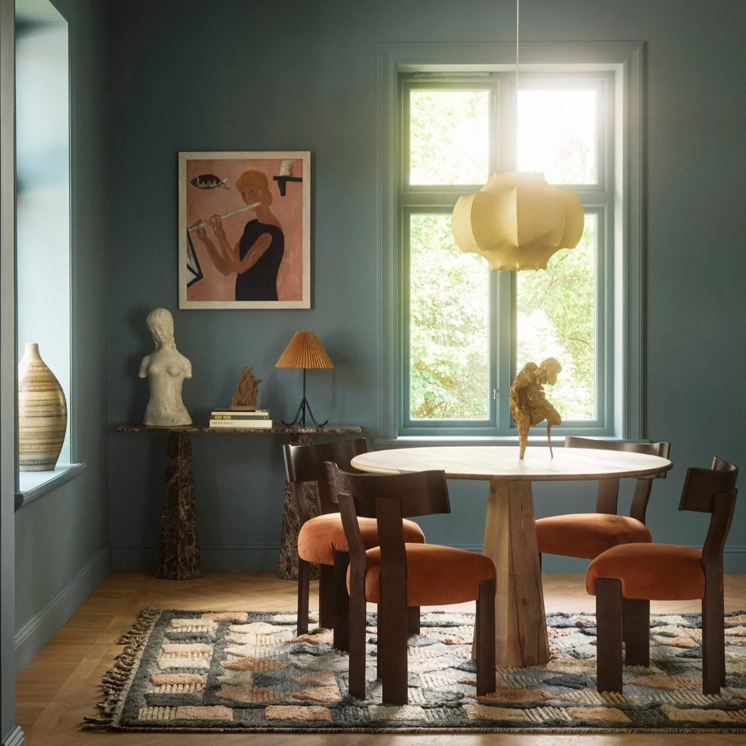Dining Table: Hexagonal Walnut Top and Burnt Orange Seats