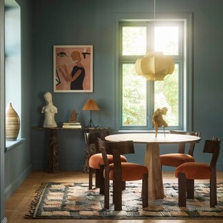 Dining Table: Hexagonal Walnut Top and Burnt Orange Seats