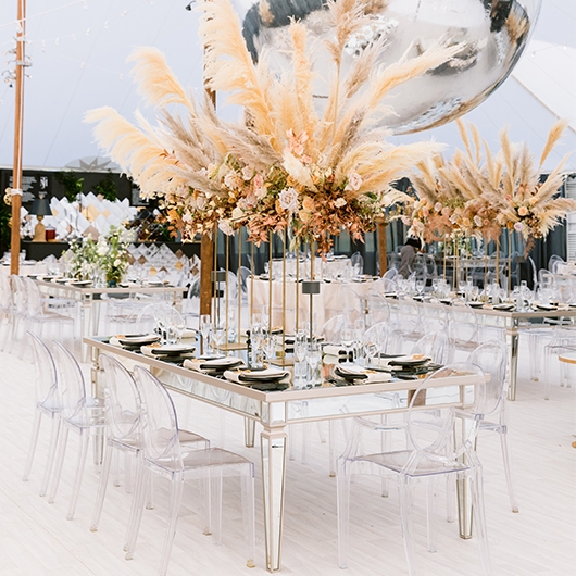 Dining Table Mirrored Surface with Clear Acrylic Ghost Chairs