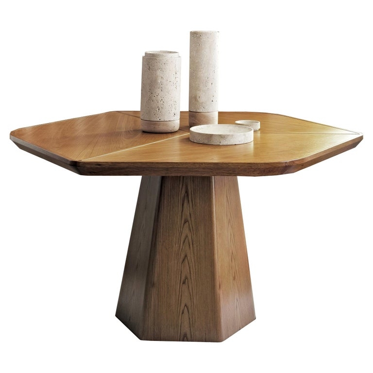 Dining Table: Sculptural Faceted Pedestal in Matte Wood