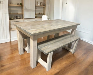 Dining Table Set Gray Wash Top Backless Wood Benches