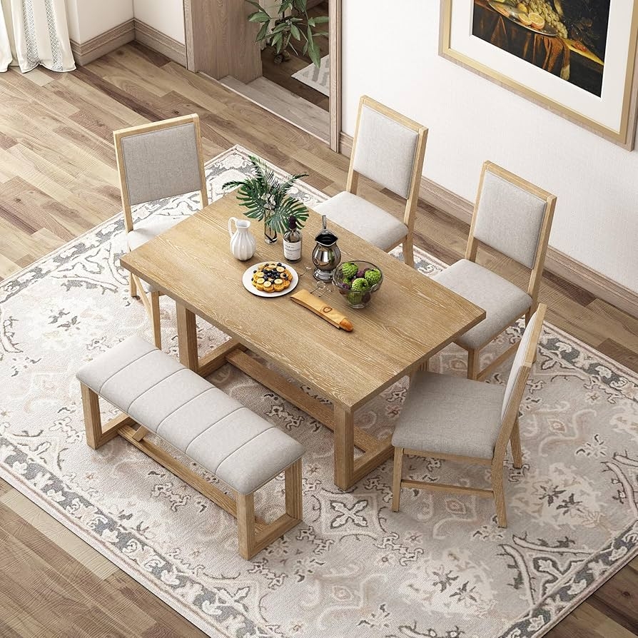 Dining Table Set: Light Oak 6 Piece Dining Table with Bench