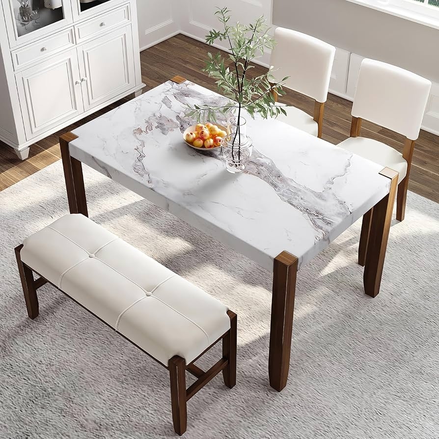 Dining Table Set Marble Veining Tufted Bench For 4