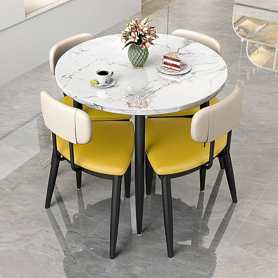 Dining Table Set: Round Marble Top with Mustard Chairs
