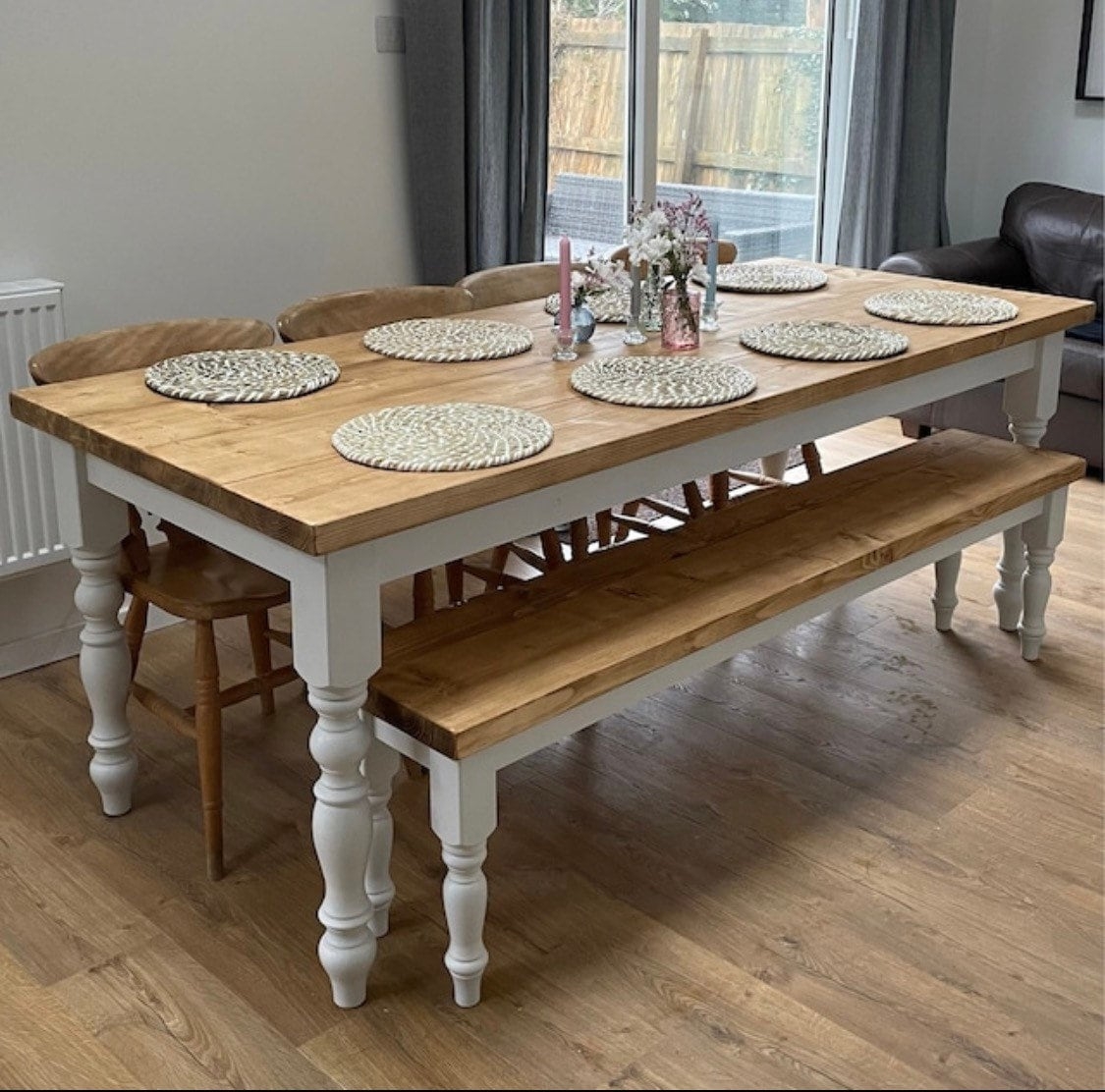 Dining Table Set: Turned Spindle Legs and Table with Bench