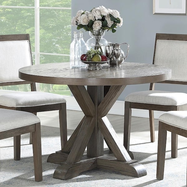 Dining Table with Grey Wash Finish and Rustic X-Base Pedestal