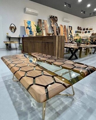 Dining Table with Hexagon Wood Inlay and Clear Resin Fill