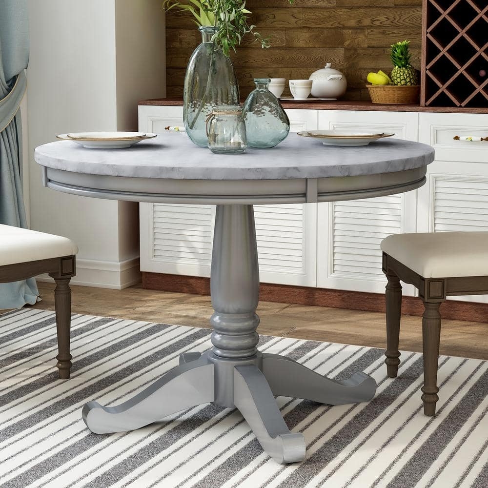 Dining Table with Marble Look Top and Pedestal Base