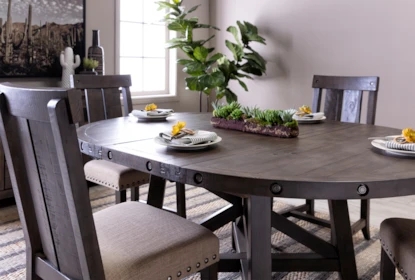 Dining Table with Metal Rivet Apron and Charcoal Grey Wood Finish