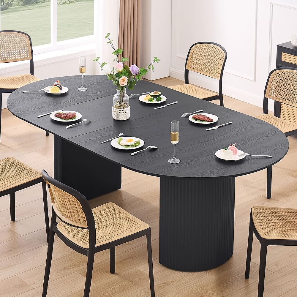Dining Table With Ribbed Pedestal Base Matte Black