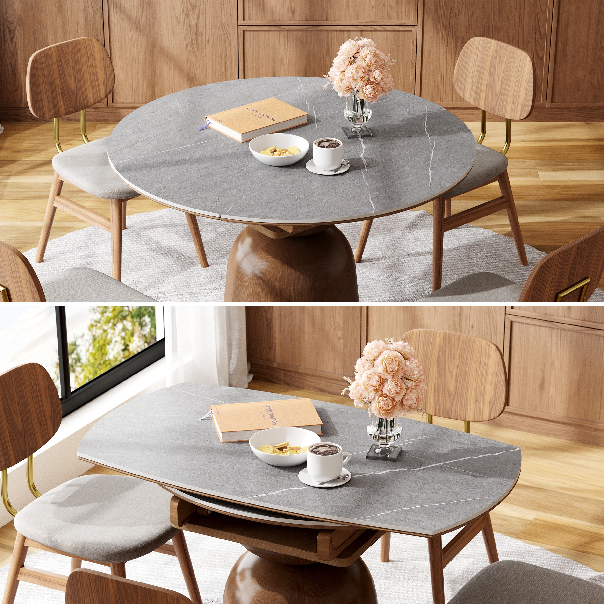 Dining Table with Sculptural Pedestal Base and Extendable Stone Top