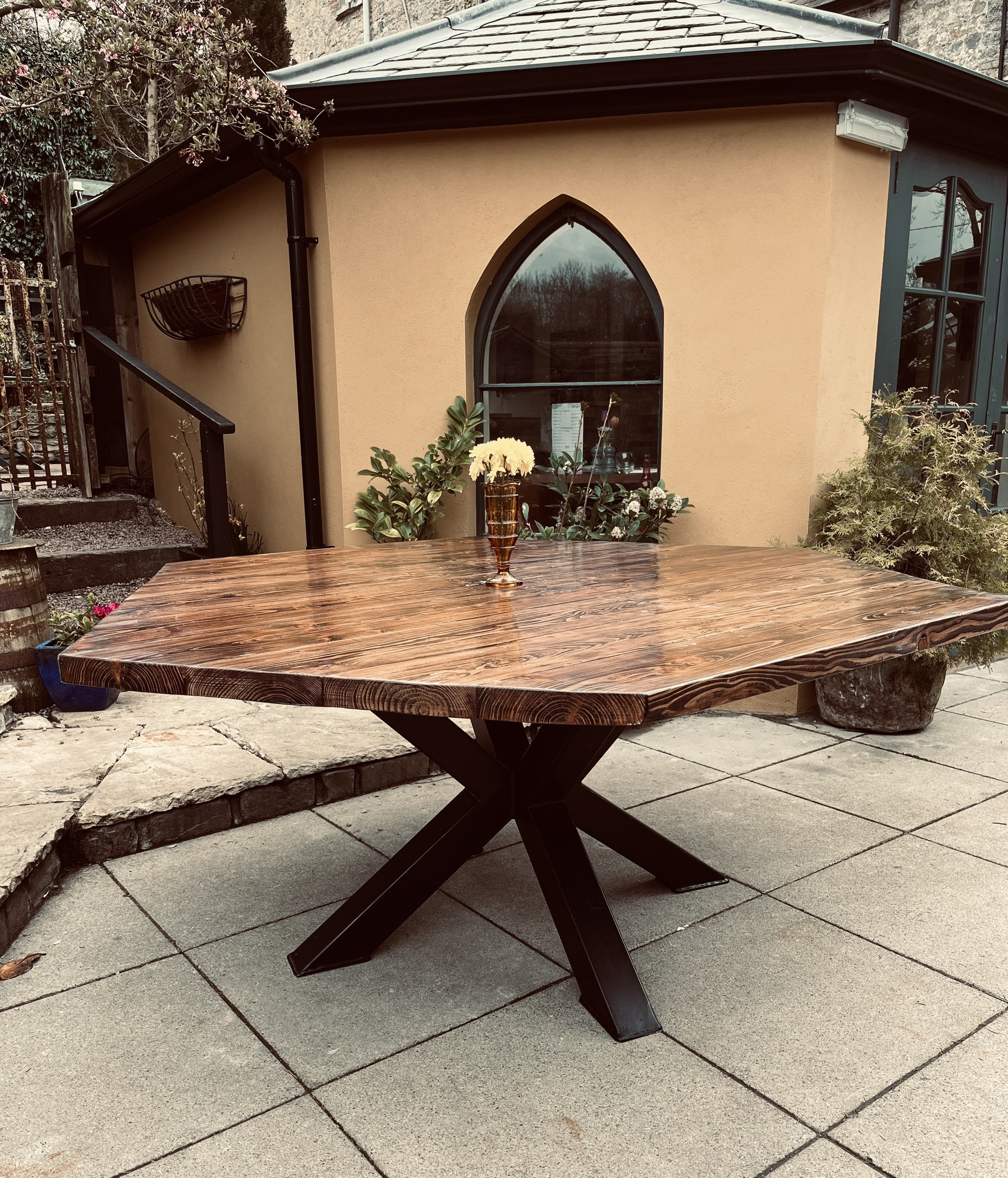 Dining Table with Spider Base and Handcrafted Iroko Wood