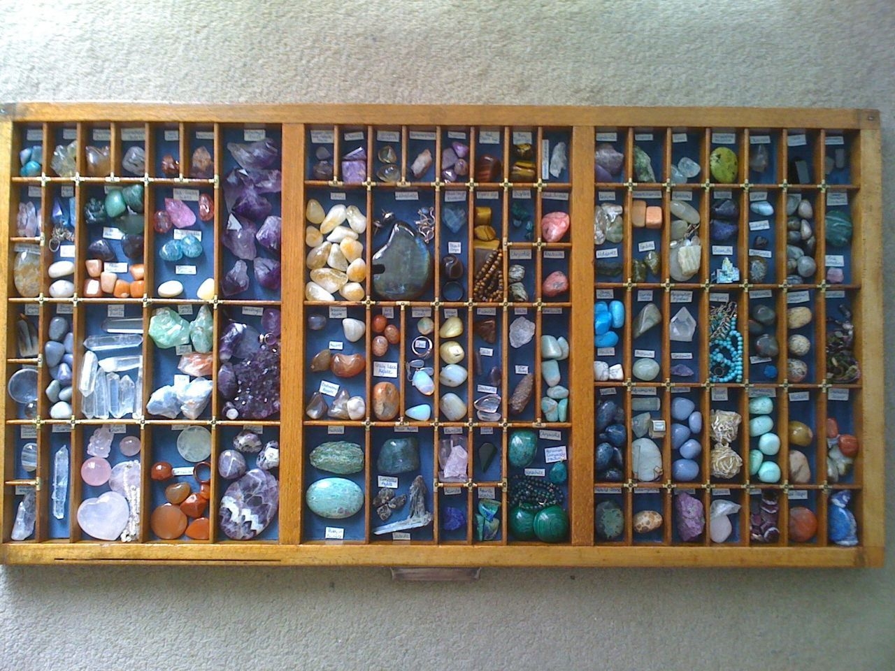 Display Case with Blue Backing for Vintage Printer Drawer Display