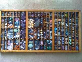 Display Case with Blue Backing for Vintage Printer Drawer Display