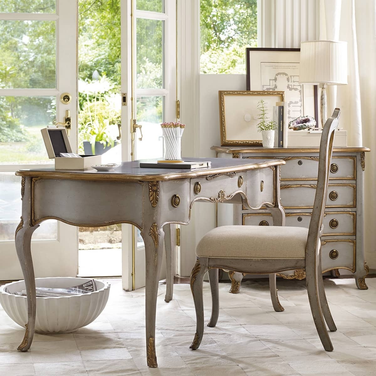 Distressed Grey Desk with Gold Gilt Trim and Drawers