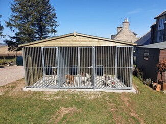 Dog Kennel: Four Compartment Pitched Wood Roof