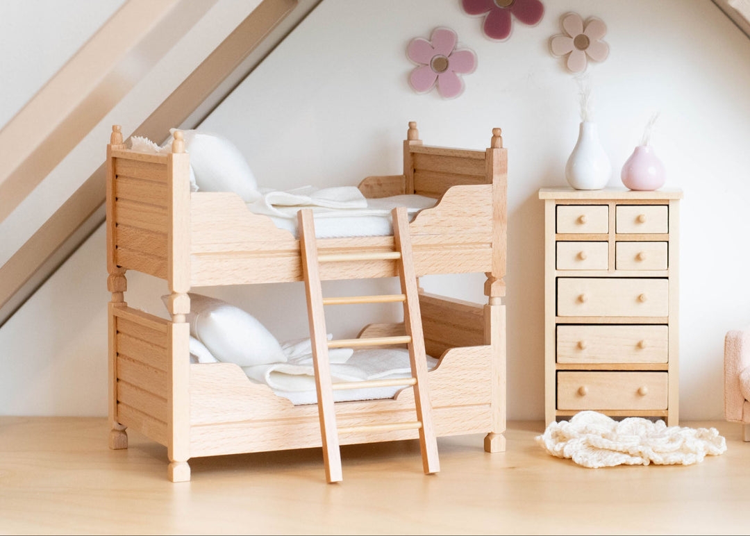 Dollhouse Bunk Beds Natural Wood Grain Minimalist Miniature Set
