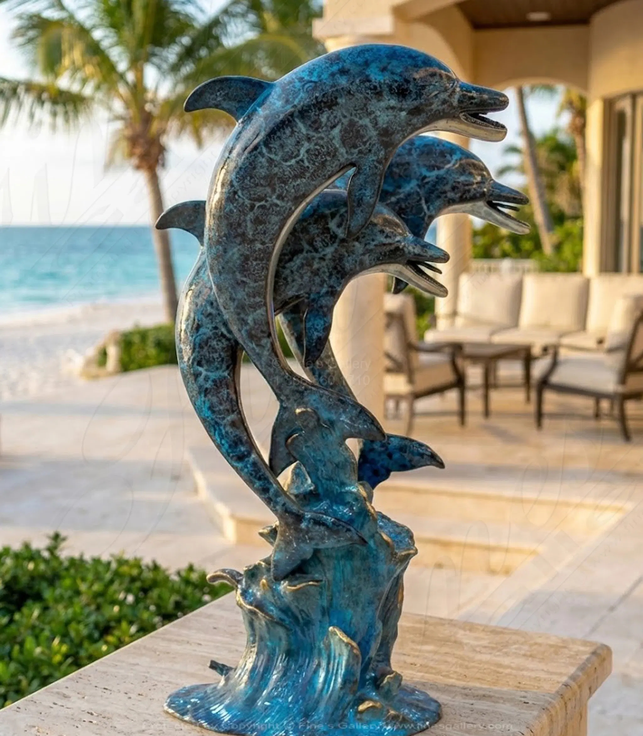 Dolphin Fountain: Three Leaping Bronze Luxury Coastal Sculpture